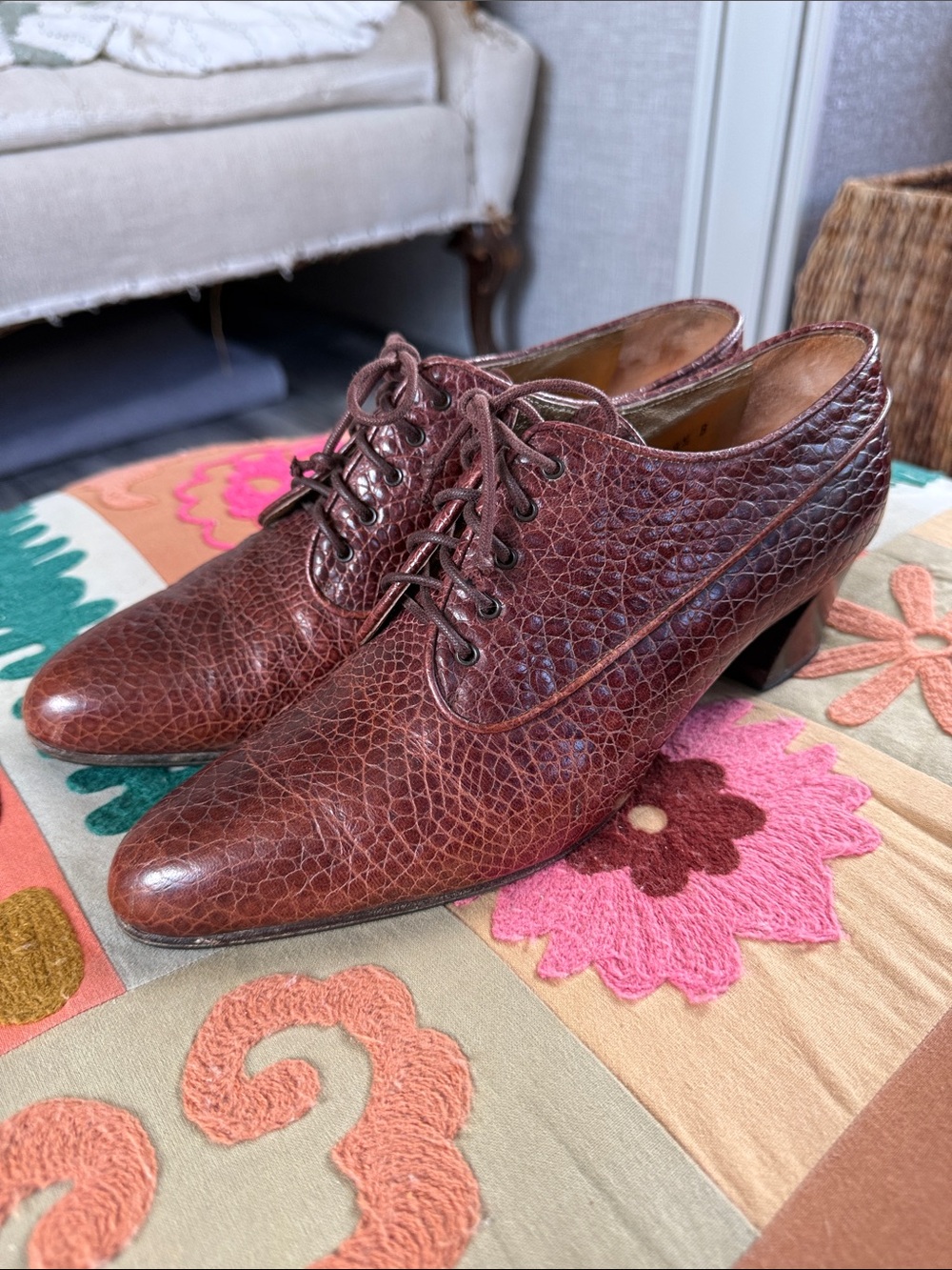 Walter Steiger VTG Leather Oxford Heels Brown Snake designer Y2K academia 8.5